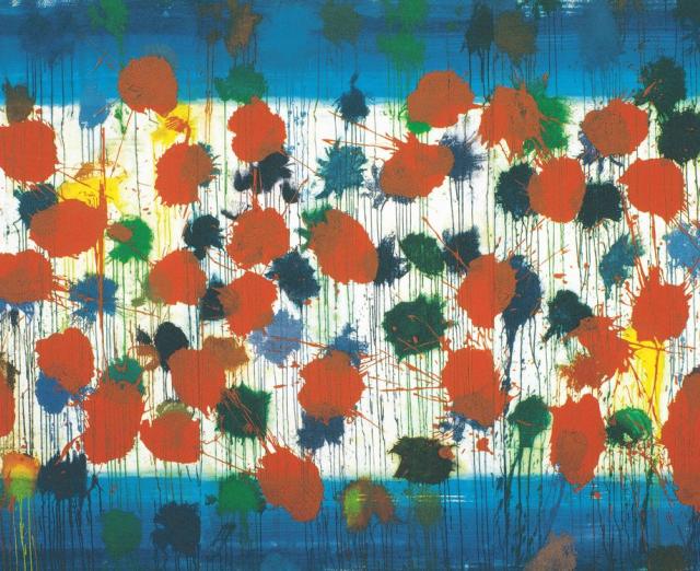 long rectangular artwork with bright blue border and splotches of rainbow colors